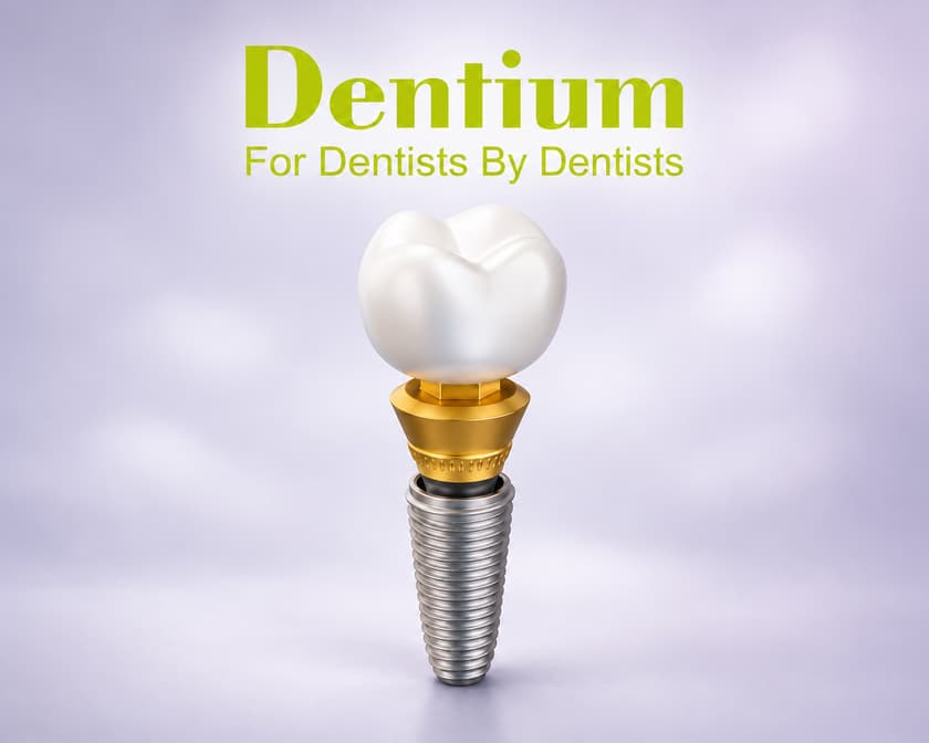 Иллюстрация коронки, абатмента и имплантата с логотипом Dentium