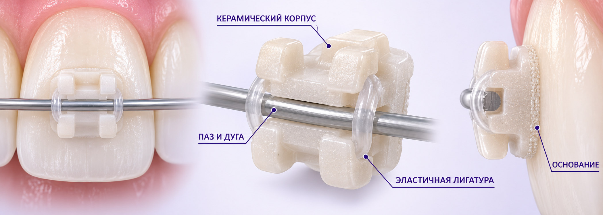 Устройство керамического брекета: корпус, паз с дугой, эластичная лигатура и основание на эмали
