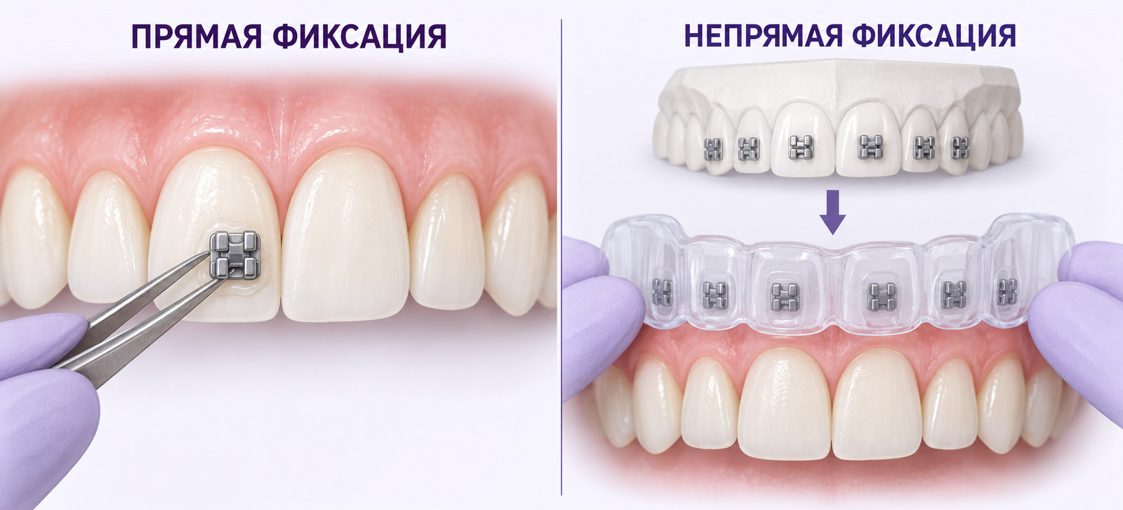 Прямая фиксация отдельного брекета и непрямой перенос брекетов на зубы с помощью каппы.