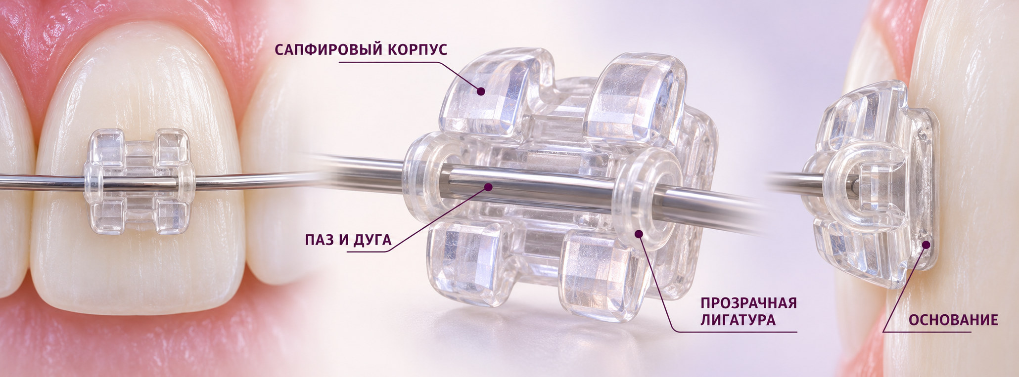 Строение сапфирового брекета: прозрачный корпус, паз с дугой, лигатура и основание на эмали