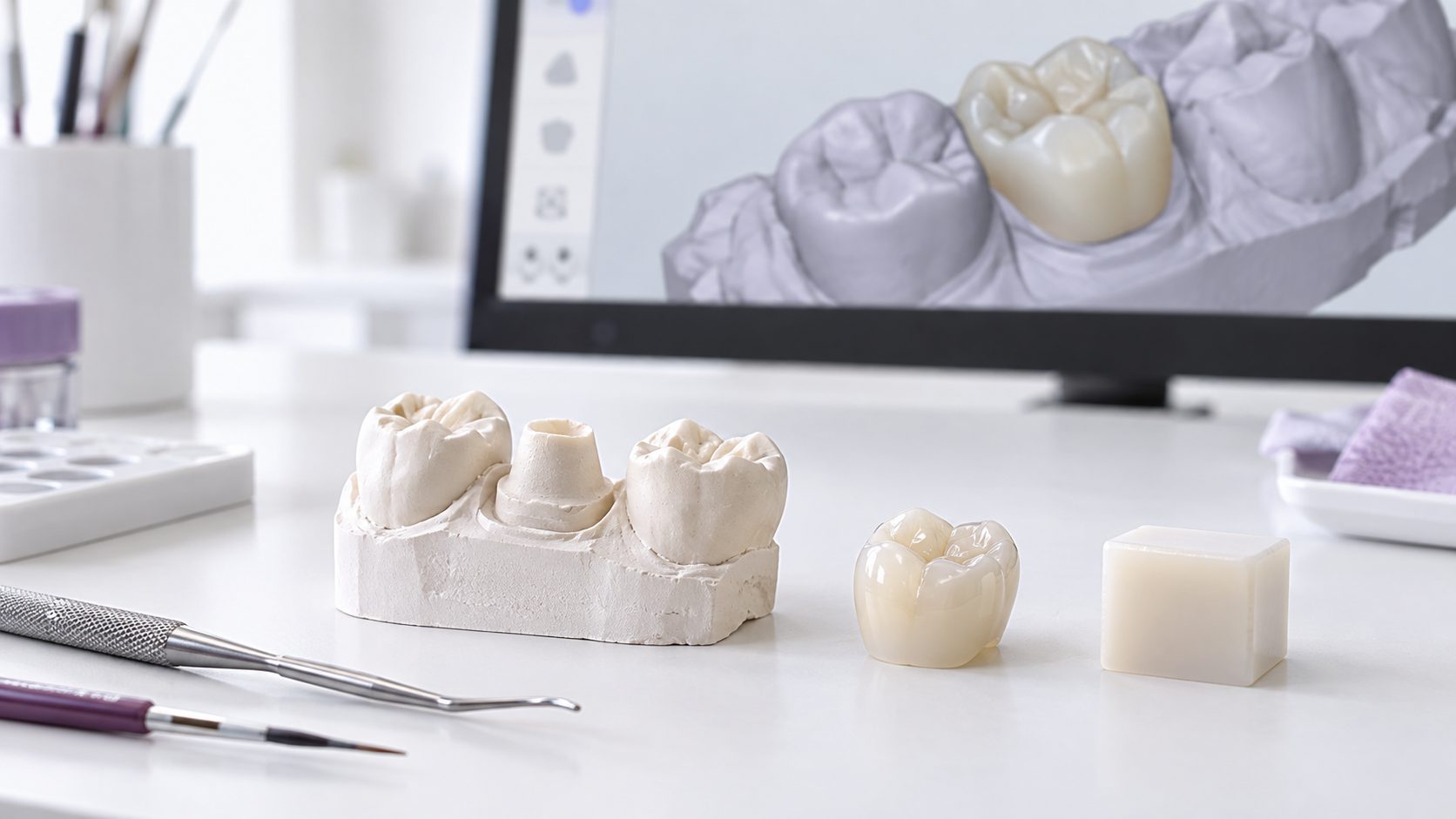Керамическая коронка и модель зубов после CAD/CAM проектирования